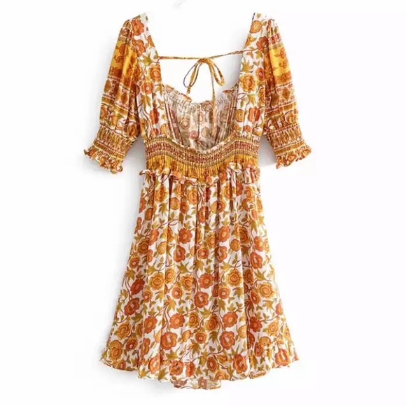 Bohemian Floral Retro Smocked Mini Dress - Picture 8 of 8